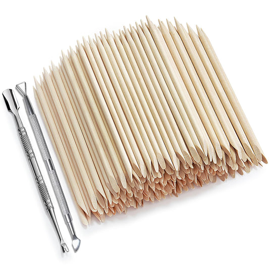 Cuticle Pusher Sticks – 200pcs Double-Sided + Steel Cuticle Remover