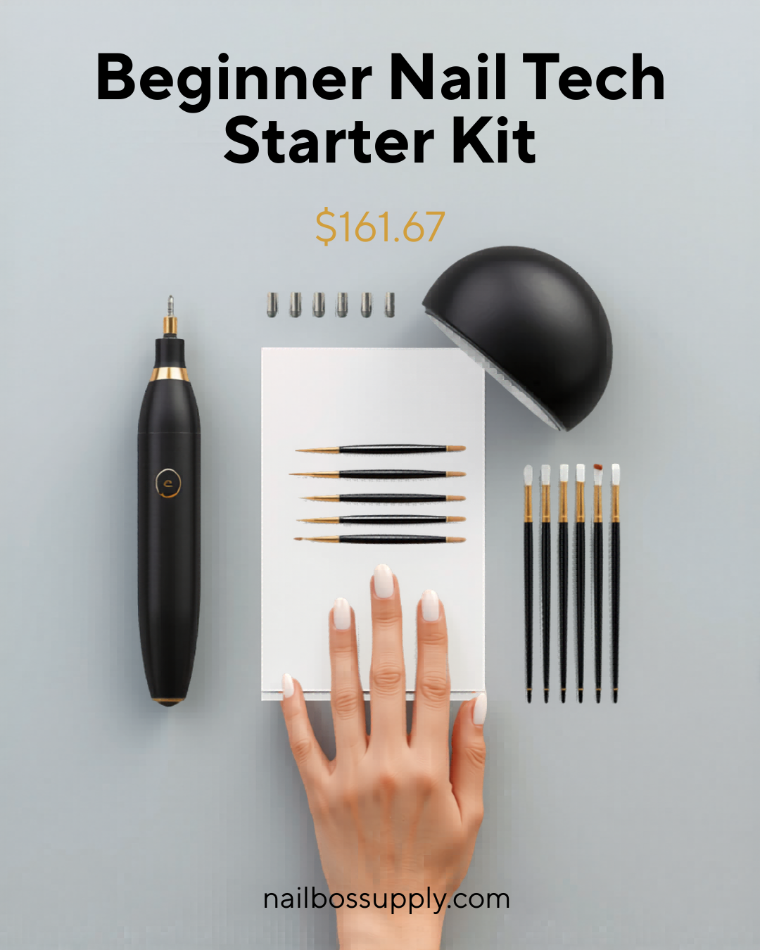 Beginner Nail Tech Starter Kit – Drill, Lamp, Brushes & Practice Hand